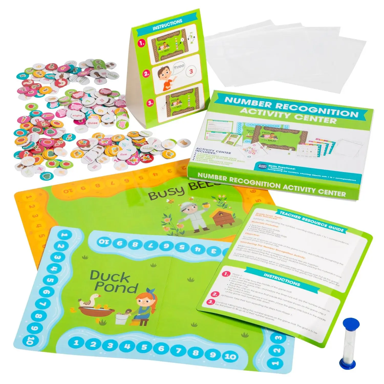18-Pc Number Recognition Math Kit for Early Learning, Number Mastery & Subitizing Practice with Sand Timer – Playful Learning Classroom Activity Center Kit
