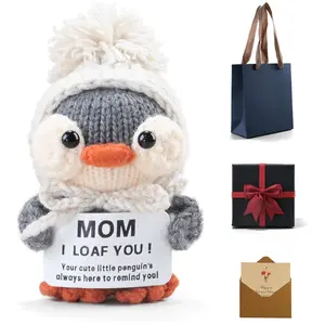 Handmade Crochet Penguin Gift from Daughter and Son to Mom, Valentine's Day & Birthday Gift, Mother's Day Present for Mom & Mother-in-Law, I Love You Mom, Cute Small Heartwarming Ornament