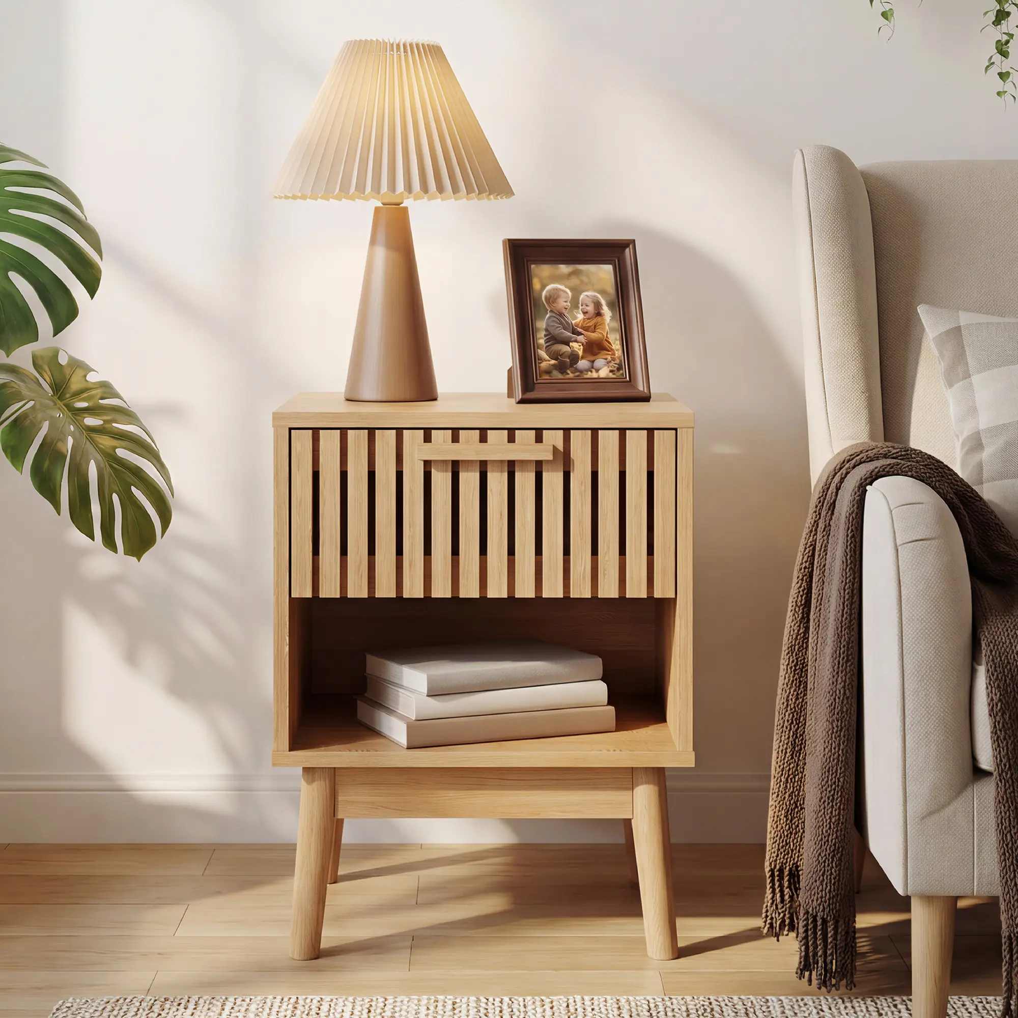 Boho Nightstand with Drawer and Open Storage Shelf, Modern Compact Wood Side Table for Bedroom, Living Room, Dorm, Oak Color