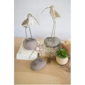 Set Of Three Painted Clay Shore Birds On Rock Bases