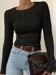 Women's Casual Tight-Fitting Long Sleeve Knit Round Neck T-Shirt, Spring & Fall Fashion, Moderate Fabric Thickness, Daily Wear Essential