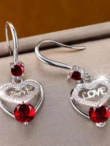 A pair of LOVE double-layered, medium-length, heart-shaped design earrings made from synthetic crystals. Stylish and elegant, perfect for weddings and daily wear as a piece of women's jewelry, Stud Earrings Jewelry