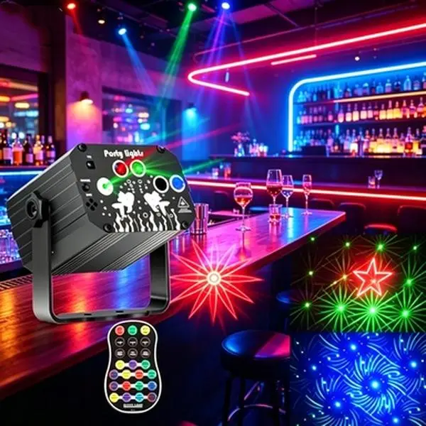 8-Hole RGB Laser Stage Light Remote Sound Activated Disco Party Lamp Dynamic Pattern Music Sync Strobe Portable DJ Light For KTV Bar Birthday Wedding Christmas Home Party Decor Adjustable Speed Timing Color Beam Stage Projector Light