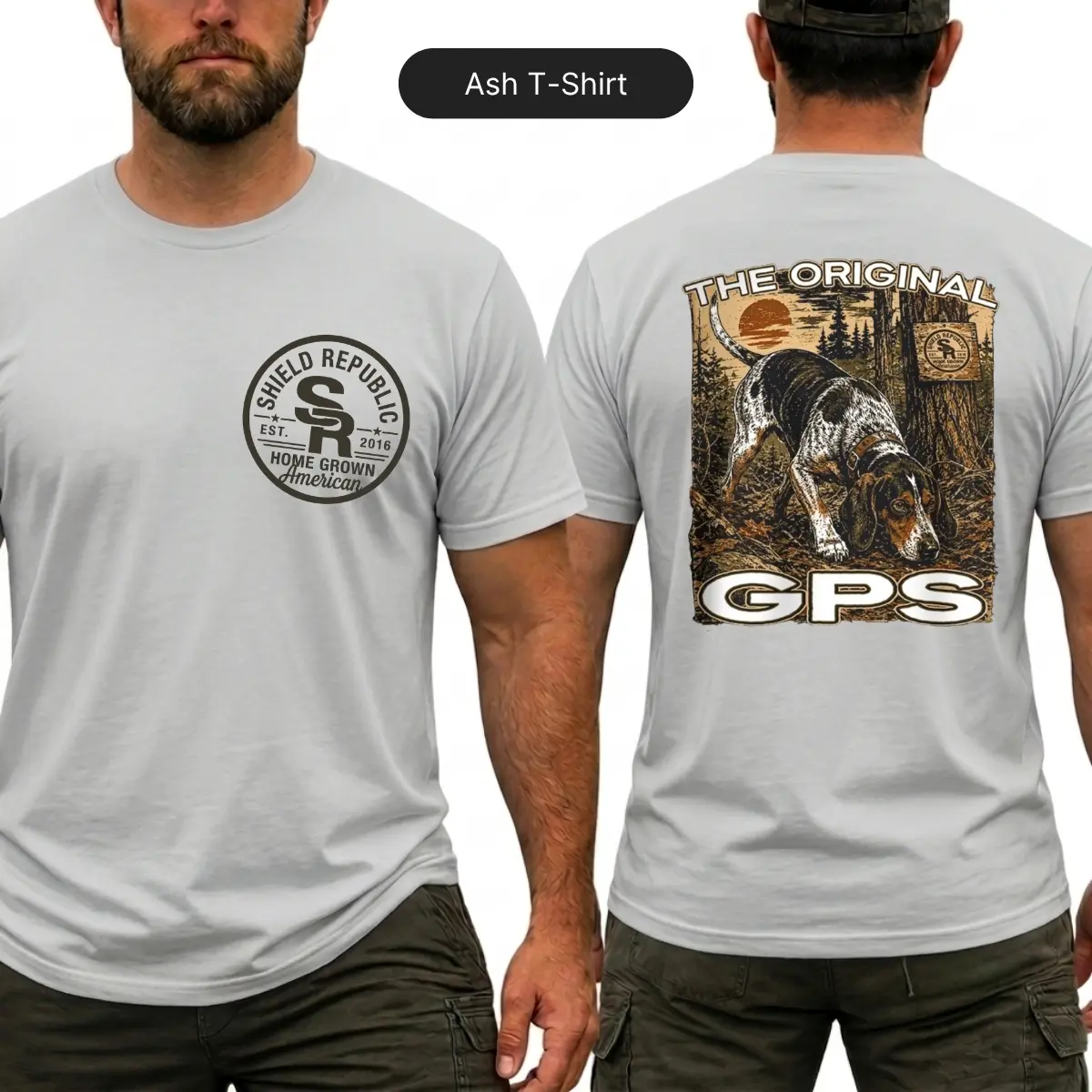 Shield Republic The Original GPS Coon Hunting T-Shirt, Beagle Hound Dog Graphic Shirt, Front Chest Logo and Large Back Print Hunter Tee, Home Grown American Apparel, Outdoor Coon Hunting Gift for Men and Women