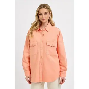RISEN Full Size Button Down Long Sleeve Denim Shacket with Chest Pockets Plus Size