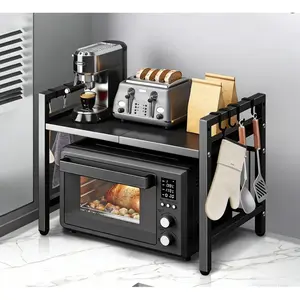 Expandable microwave rack with hooks, adjustable width to save space. Suitable for microwave ovens, ovens, coffee makers, etc. Easy to assemble, a must-have for the kitchen.