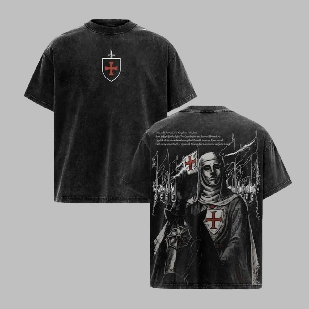 Vintage Washed Crusader T-Shirt with Baldwin IV 'The Leper King' Graphic | Men's Round Neck Medieval Christian Streetwear, Shortsleeve, Menswear, Jerusalem Cross, Crusader Theme, Tank Top, Casual, Hoodie, Vintage T-Shirts, Crew Neck, Retro, Sweatshirt