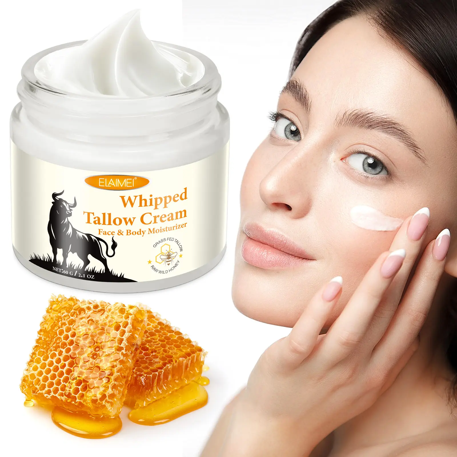 ELAIMEI Grass-Fed Beef Tallow & Raw Honey Cream - Vitamins-Infused Handmade Balm, 4oz Deep Nourishing Hydrating Skin Moisturizer for Face & Body, Traditional Whipped Self Care Products, Daily Moisturizing Blend, Natural Honey, Handcrafted