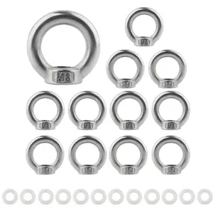 12Pcs M8 Lifting Eye Nut, 304 Stainless Steel Ring Shape Lifting Eye Threaded Nut Fastener with Flat Washers, M8 Lifting Eye Nuts for Rope Fitting