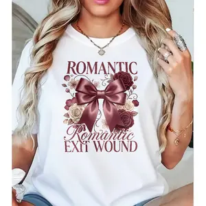 Romantic Exit Wound T-Shirt, Satin Bow & Rose Graphic Tee, Romantic Feminine Casual Shirt