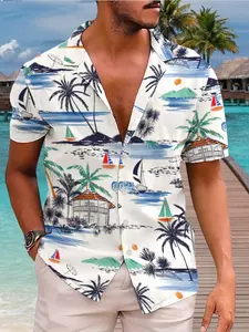 Men's Tropical Cartoon Print Casual Beach Shirt, Cuban Collar Short Sleeve, Soft Skin-Friendly Material, Holiday Discount，Limited-time holiday discounts, fast shipping