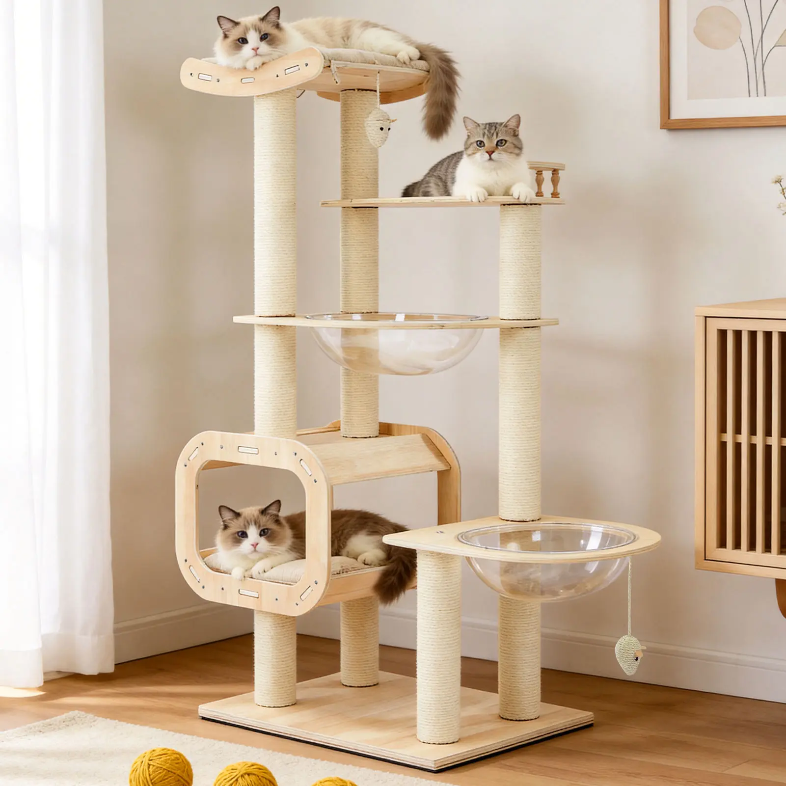 【Summervibes】Modern Heavy-Duty No-Drill 4-Story Cat Tree – Solid Wood Multi-Story Boards, Multi-Column Design, 55.9 Cat Tower with Open Condo, Double Space Capsules & Perch, Spacious Indoor Cat Furniture for Multi-Cat Families tiktokshopspringglowu