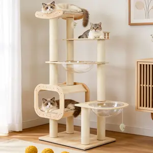【Mother's Day Gifts】Modern Heavy-Duty No-Drill 4-Story Cat Tree – Solid Wood Multi-Story Boards, Multi-Column Design, 55.9 Cat Tower with Open Condo, Double Space Capsules & Perch, Spacious Indoor Cat Furniture for Multi-Cat Families tiktokshopspringglowu