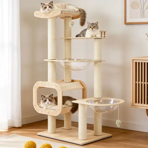 【SohoChic】ZZWHOM Contemporary Waterproof Tear-Resistant Calming No-Drill Heavy-Duty 4-Story Cat Tree - Solid Wood Boards, Multi-Column Design, 55.9in, 50lb Capacity Tower for Multi-Cat Apartment Use with Spacious Open Condo, Double Space Capsules, Perch