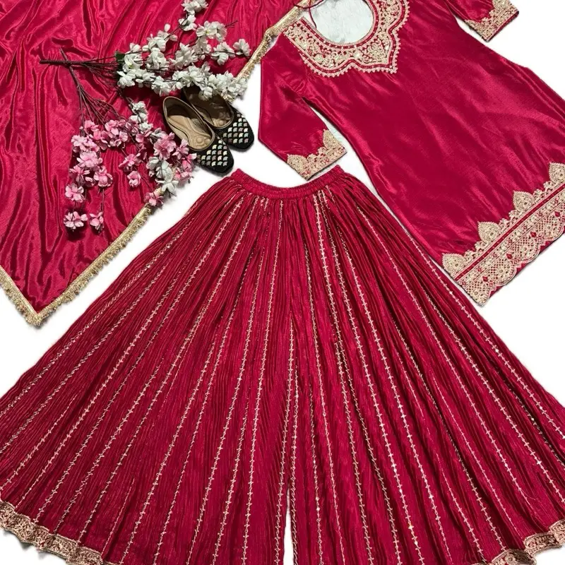 Chinon Silk Heavy Embroidery Coding Sequence Work Plazo Three Pcs Set in Red Color with Elegant Design