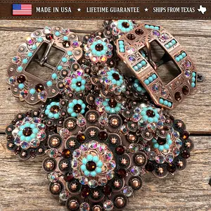 Copper Topaz - Turquoise - AB Crystal Conchos | Sizes 1"- 3" | Buckles | Saddle Set | Leather Rosettes | Slide