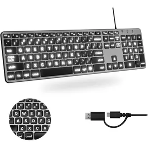 Wired Keyboard for  (USB C + A) - Large Print and Backlit for  - 107 Key Full Size Large Letters USB C Keyboard for MacBook Pro/Air,  mini, iMac