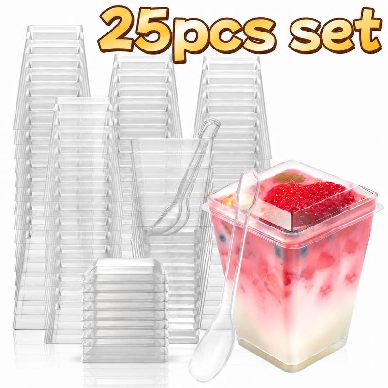 Disposable 5 oz Tableware Set (25/50/100 Packs) with Leak-Proof Lids & Spoons - Sturdy Plastic Mini Parfait Cups for Mousse, Cheesecake, Birthday, Thanksgiving Ceremony
