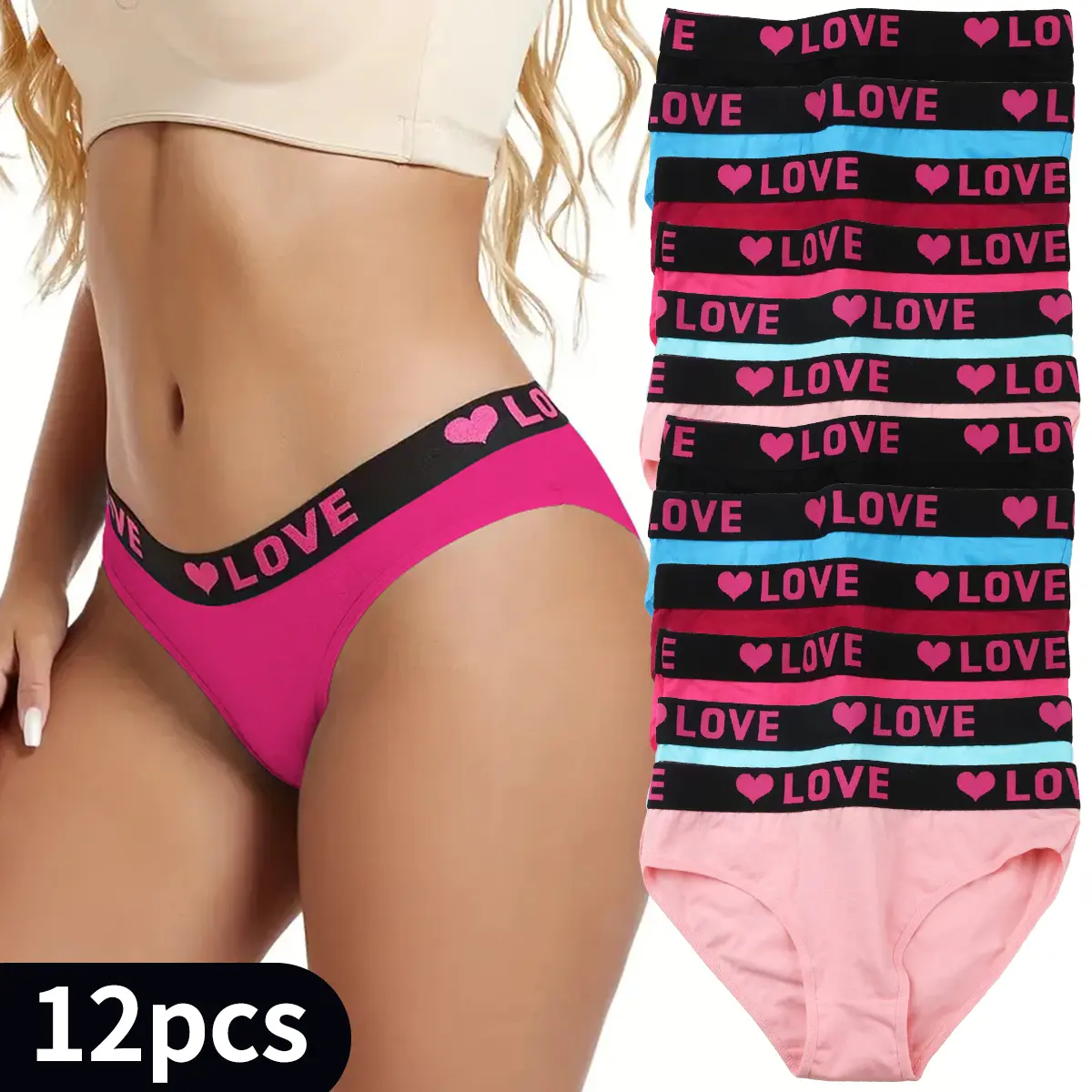 12pcs Elegant Cotton Ladies' Underwear - Breathable Ladies' Underwear With Heart-shaped Design, Multi-color Set, Suitable For Daily Wear, Cute Underwear, Comfortable For Daily Use, Playful Patterned Underwear, Soft Fabric Underwear
