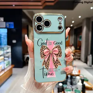 God is Good & Cross Leopard-print Bow Premium Elegance Luxury Golden Edge Electroplating Phone Case for iPhone 17 Pro Max Air 16 Plus 15 14 13 12 11 Cover Shockproof Non Slip Military-Grade Protection Silicone Cover Cellphone Protective Smartphone Casing