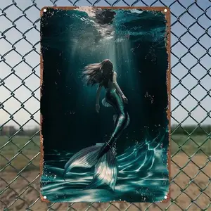 Vintage Mermaid Wall Art Metal Sign Aluminum Poster for Beach House Decor in Art Deco Style Holiday Room Decoration Artistic