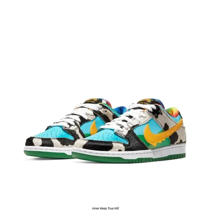 Cow Print Patchwork Low Top Skate Sneakers Cyan Green Color Block Upper Yellow Irregular Side Logo Solid Green Rubber Outsole Trendy Hip Hop Street Casual Walking Shoes For Men Women