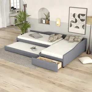 L-Shaped Linen Fabric Classic Daybed - Twin Size with Trundle, Storage Drawers, 3-Person 3-in-1 Upholstered Sofa Bed, No Box Spring Needed, Gray for Bedroom Living Room