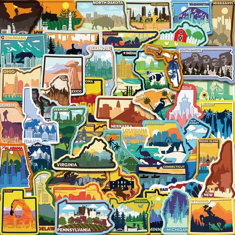 United States Map Sticker, 50pcs/set Cartoon Colorful State Geography Sticker, Decorative Sticker for Cellphone Case, Water Bottle, Laptop, Scrapbook, Ornaments, Decoration Sticker