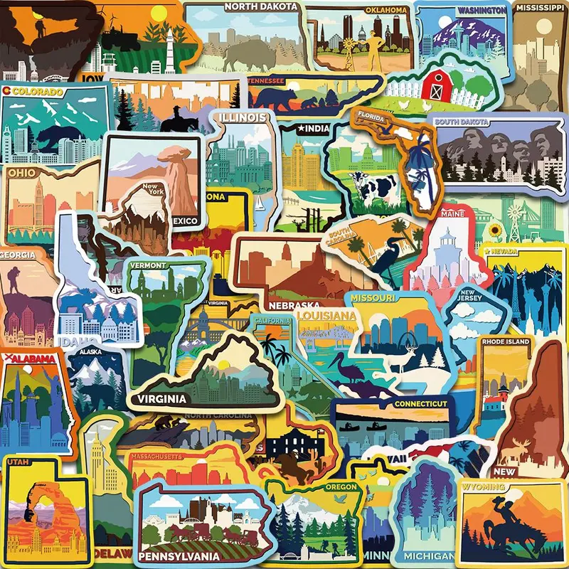United States Map Sticker, 50pcs/set Cartoon Colorful State Geography Sticker, Decorative Sticker for Cellphone Case, Water Bottle, Laptop, Scrapbook, Ornaments, Decoration Sticker