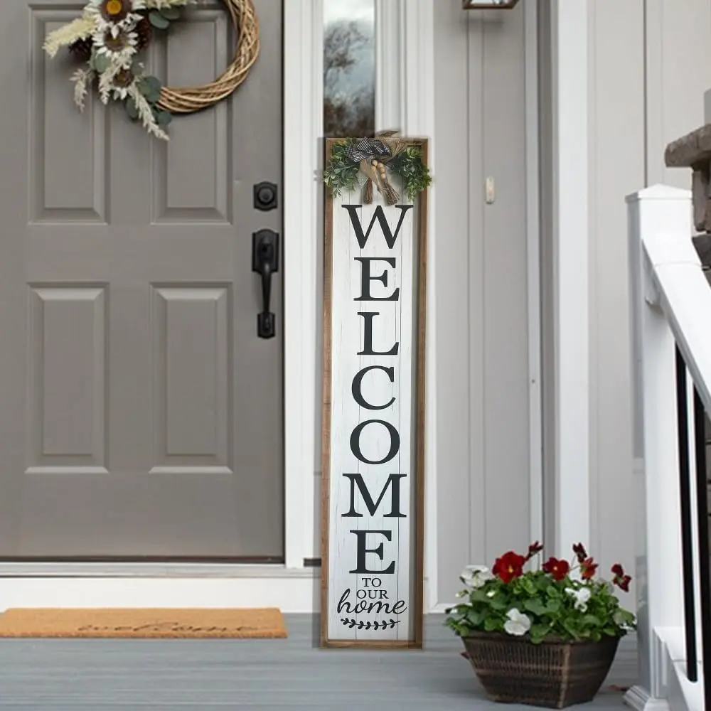 Welcome Sign for Front Door - 45"x 9" Large Wood Farmhouse Entryway Decor with "Welcome to Our Home",Vertical Decor for Outside Front Door (Wood)