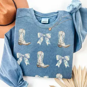 Coquette Cowgirl Sweatshirt, Bow Shirt, Toile de Jouy Sweatshirt, Coquette Aesthetic Sweater, Cute Mom Shirt, Blue Coquette Crewneck, Girly Cowgirl Shirt
