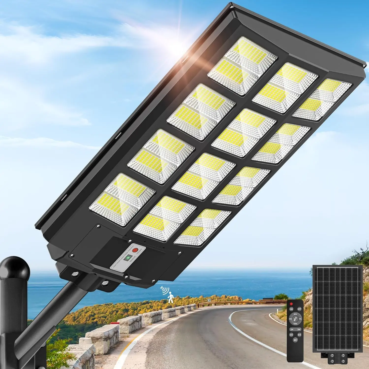 10000W Solar Street Light, IP66 Waterproof Solar Outdoor Lights with Motion Sensor, Remote Control, Dusk-to-Dawn Commercial Security Lighting for Parking Lot, Yard