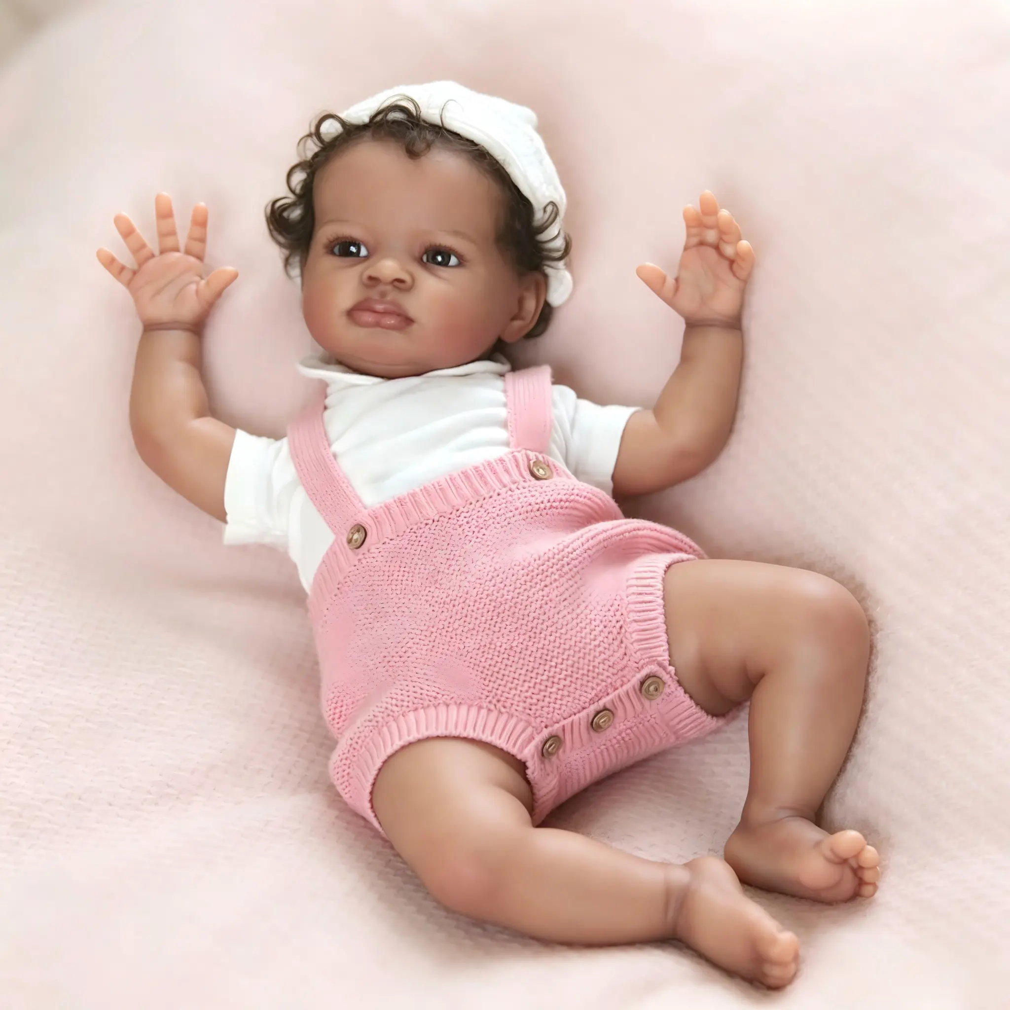 20" Lifelike Newborn Doll Set - Black Girl Awake Soft Weighted Vinyl Collectible (Black Growing Dolls Line) with Rooted Curly Hair, Brown Eyes, Handmade Design, Pink Romper, Accessories, and Box, Doll Outfit, Soft Weighted Dolls