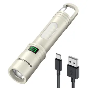 Black Panda-Outdoor Zoom Flashlight Up to 500 Lumens Strong Beam, Tail Hook for Hanging, COB Auxiliary Light, TYPE-C Charging Port
