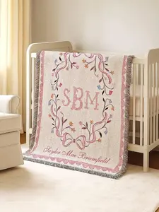 Monogram Baby Blanket: Woven Cotton Crib Blanket, Pink Bow, Baptism Gift