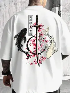 Unisex Japanese Koi & Katana Graphic Oversized Short, Long T-Shirt – White & Red/Black Print, Cherry Blossom & Kanji Design, Ukiyo-E Streetwear Aesthetic, Soft Cotton Fabric, Baggy Fit, Perfect for Anime & Samurai Fans, Durable Print