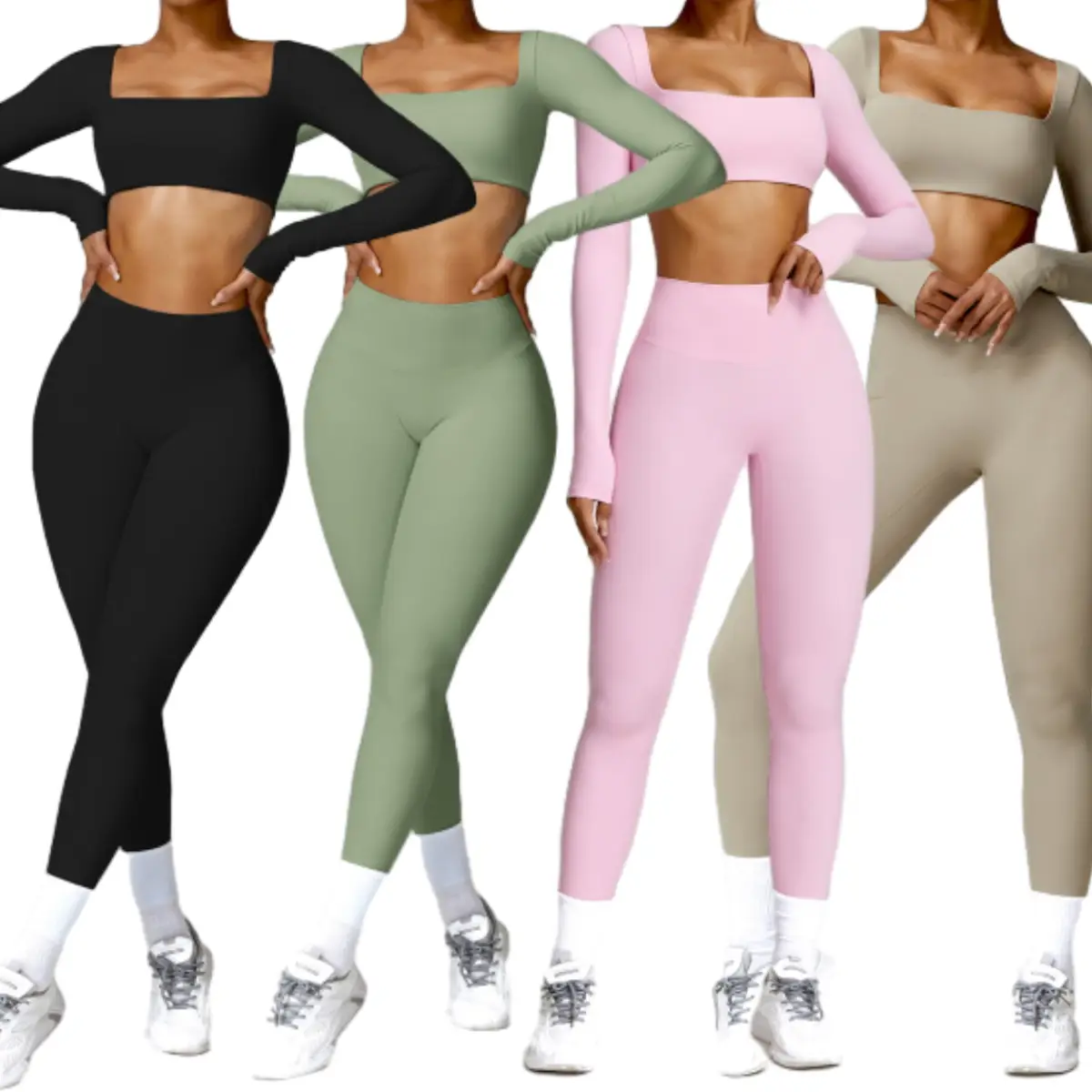 Women's Workout Set - Long Sleeve Square Neck Crop Top & High Waist Leggings for Yoga & Gym