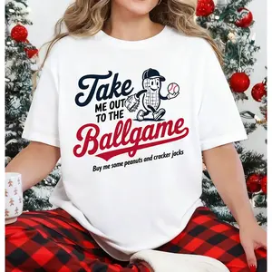 100% Cotton Unisex Funny Take Me Out To The Ballgame Baseball Lover Shirt, Peanuts and Cracker Jacks Print T-Shirt, Unisex Baseball Mom Dad Gameday Tee