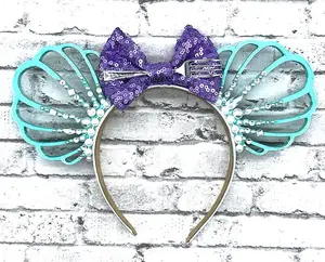 Ariel Inspired 3D Printed Custom Ears Headband - Ocean Design with Magical Princess Mermaid Shell, Purple and Turquoise, Pearl Accents