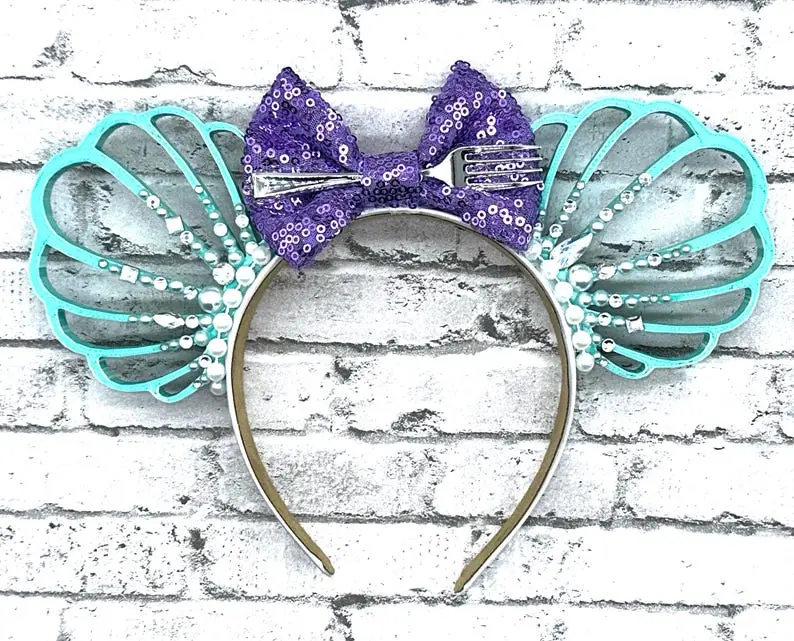 Ariel Inspired 3D Printed Custom Ears Headband - Ocean Design with Magical Princess Mermaid Shell, Purple and Turquoise, Pearl Accents