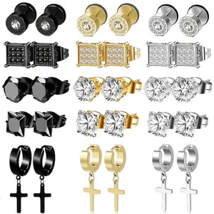 15 Pairs Stainless Steel Earrings for Men Inlaid Stud Cross Dangle Hinged CZ Gold Black Silver Variety Pack