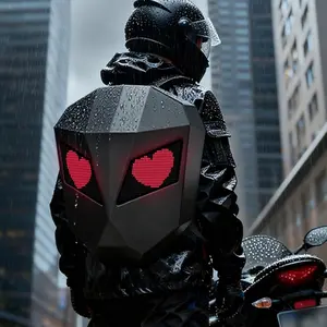 Neon Motorcycle Backpack with Programmable Knight Eye and Devil Eye RGB Lights, USB APP Control, Expandable Storage, LED Display