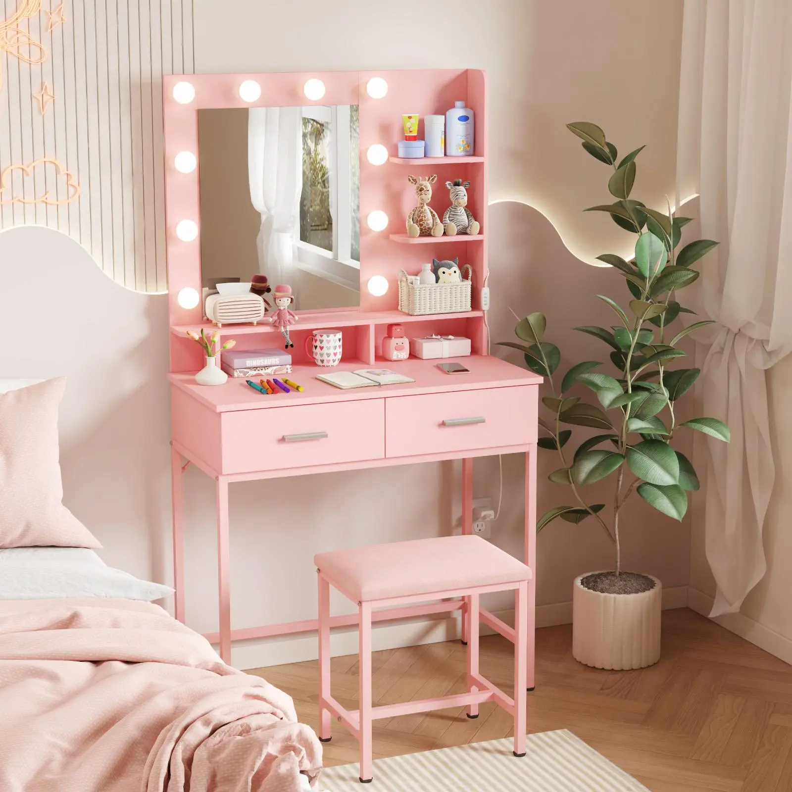 Lifewit Vanity Desk Set with Mirror & Lights – Makeup Table with 2 Drawers, Chair, 3 Brightness Levels, Wooden Top, Iron Frame, Perfect Gift for Girls,summerwins