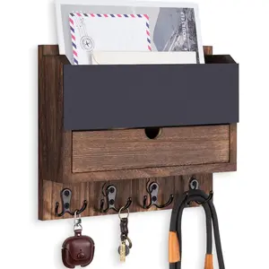 Mail and Key Holder Wall Mount with Storage Drawer - Modern Wooden Mail Organizer for Wall Entryway, 7 Key Hooks & Chalkboard Panel - Stylish  Decor for Apartments, Living Room, Office