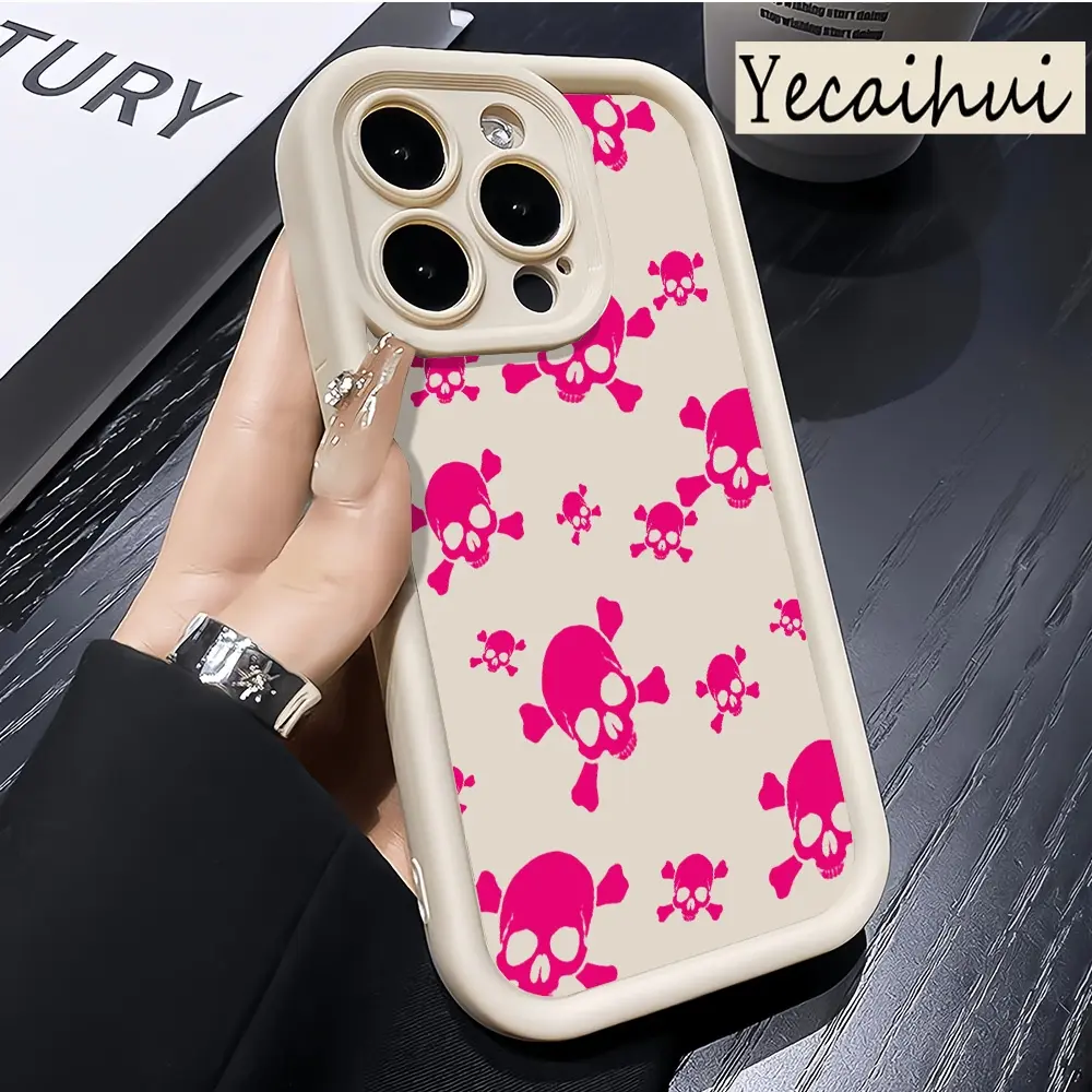 Pink Skull Pattern TPU soft drop-proof and waterproof mobile phone case suitable for iPhone 17 Air 16 PRO MAX PLUS/15/14/13/12/11 Pro Max PLUS all-round protective case Shockproof Silicone Cover