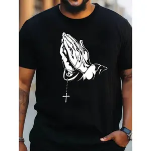 Cotton Men's Plus Size Black Cotton T-Shirt, L-5XL, Breathable Summer Casual Short Sleeve with Prayer Hands Graphic Print, Comfortable Round Neck Religious Design for Casual