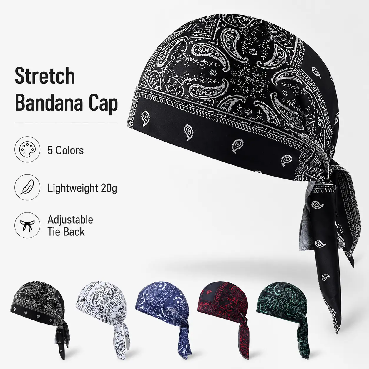 [SummerTurnUp] Stretch Paisley Bandana Cap, Lightweight Adjustable Tie-Back Head Wrap for Cycling, Workouts, Outdoor and Daily Wear