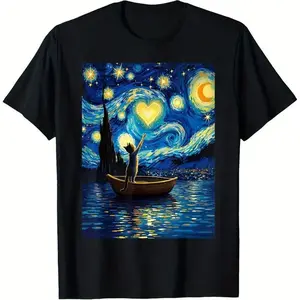 Van Gogh Starry Night Cat Heart Graphic 100% Cotton T-Shirt | Round Neck Unisex Tops Tees T-Shirts