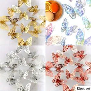 12pcs 3D Butterfly Wall Decoration Stickers, Golden Butterfly Party Decoration, Silver Colorful Butterfly Wall Decals Suitable for Birthday, Wedding, Balloon Room Decoration, Wall Decoration, Sun Catcher
