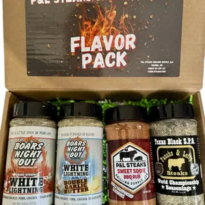 Flavor Bundle 4 pack set- Boars Night Out and P&L- featuring: White Lightning, Spicy White Lightning, Sweet Sooie, and Texas Black Seasoning Set - Perfect for a Weekend BBQ - Spice trending recipes